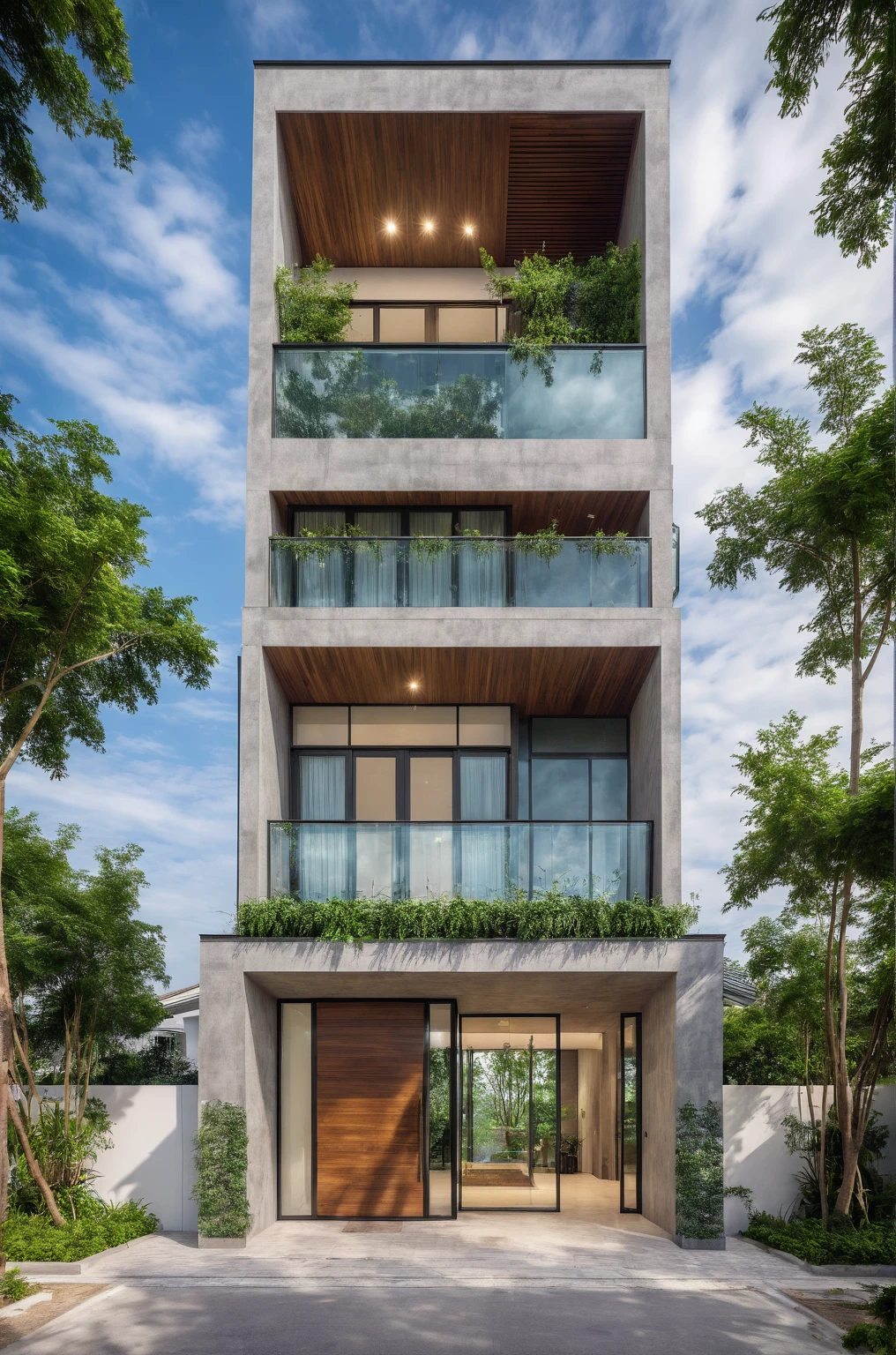 modern villa on street, (overcast lighting:1.2), tropical tree, vivid color, streetcapes, nice sky, grey wood and white tone, (large glass door:1.2), warm interior lighting, modern material, best quality, ultra realistic, masterpiece, 17ArchiAI_XL_VL-v1
