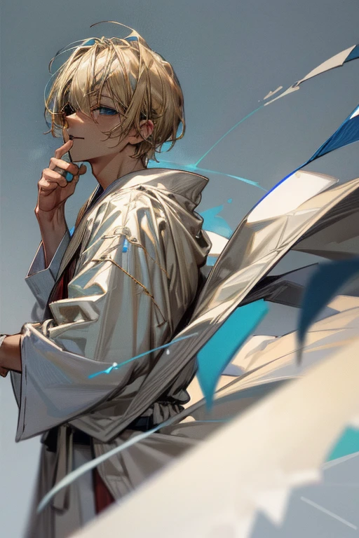 blonde，boy with clear blue eyes，Priest white robe，Realism， crazy，meticulous，Laughing。