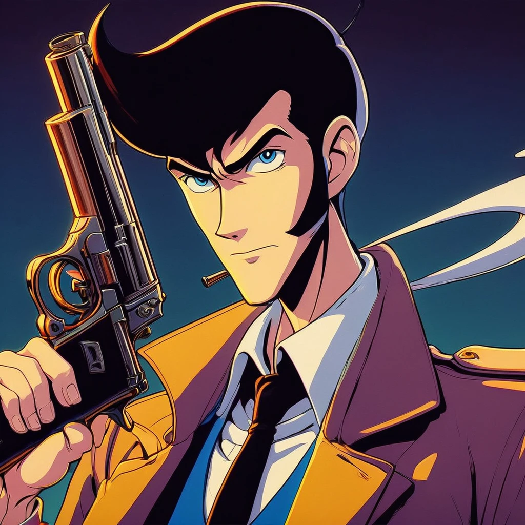 impactful paint of classic anime cartoon of Lupin III with a gun   highly detailed,   8k,   sharp,  professional, clear,   high contrast, high saturated, , vivid deep blacks, crystal clear