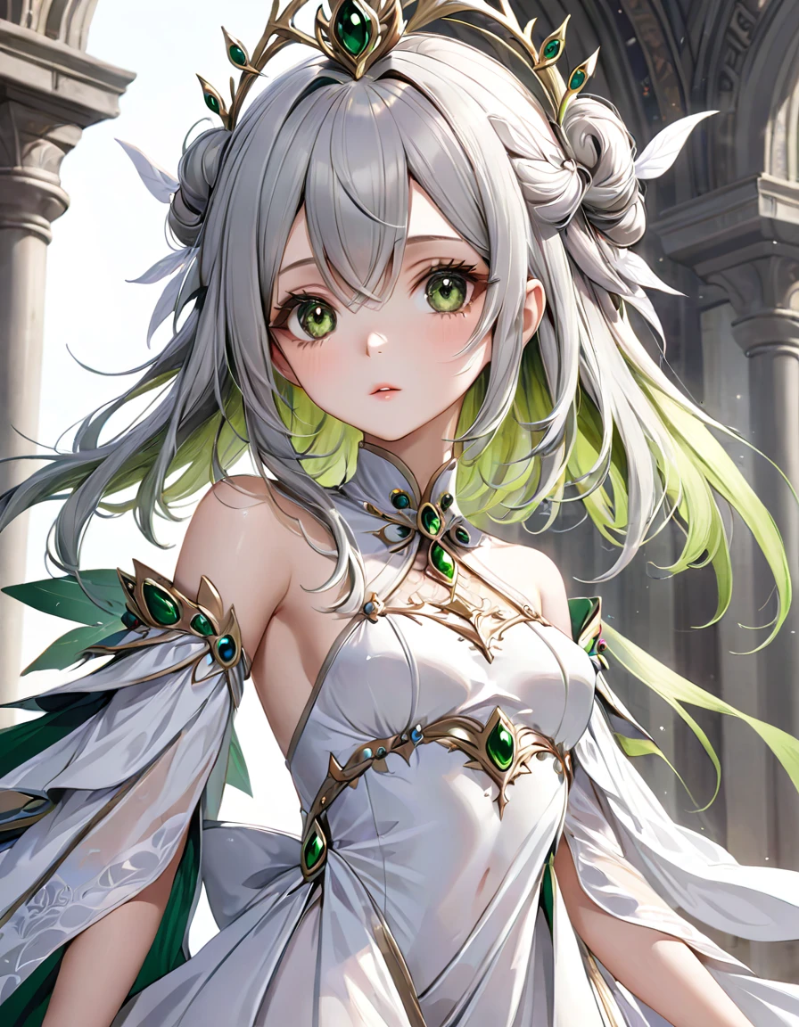 The best AI image creator、1 beautiful girl、Big round eyes、alone、Realistic,lips,Tabletop,Highest quality,Excellent anatomy，Skin Texture、White Background、Small breasts、Gray Hair、White Dress、Fantasy art style, Palace-like 、 green. Fine hair, Beautiful fantasy art portraits, Highly detailed digital art in 4K, Beautiful Fantasy Empress, Gweiz-style artwork, ((Beautiful Fantasy Empress)), 8k high quality detailed art, Beautiful anime portraits