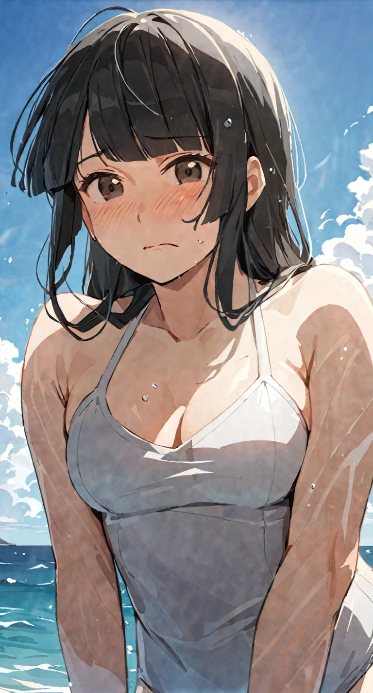 masterpiece,best quality, solo, eda, bangs, black hair, upper body,blue sky,cloud, shy expression, medium breast, hot, thicc, swimsuit , ocean, water, she is hiding her chest, she is shy, embarrassed , she is embarrassed, dynamic pose