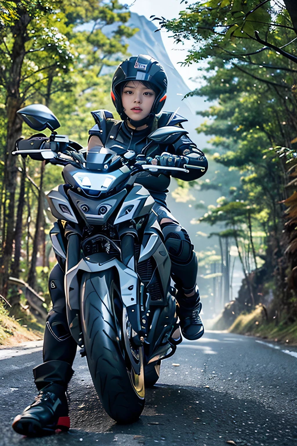 (8K, Highest quality, masterpiece:1,2), (Realistic, Photorealistic:1.37), (Super detailed, 1 Beautiful Girl,whole body), (((The YAMAHA MT-10 running on a narrow forest road in the mountains))), (Very detailed,Perfect lighting), (Beautiful and detailed eyes), (Detailed face), View your viewers, Excited face, Sweat:1.5, Wide blue sky and mountains々, Distant and close up
