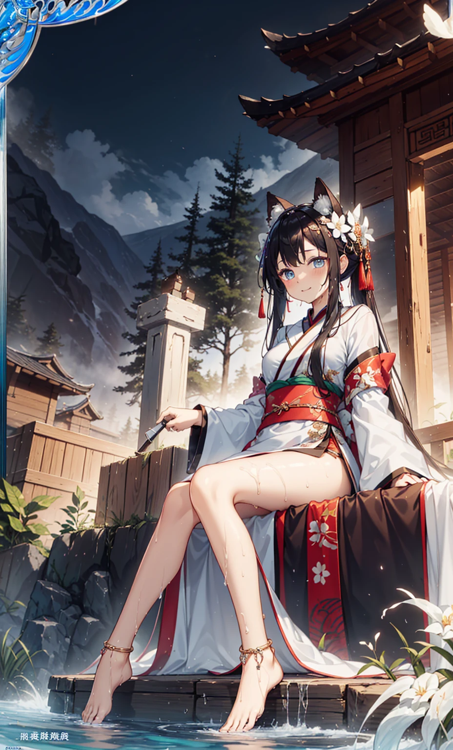Highest quality,Highest Resolution,(A soaked long white Chinese dress),Very detailed, She has white twin tails,girl,charm,Designing complex clothing,blue eyes,Forests and mountains々Distant view of,Elegant and charming,((Wet Person,The background is an ancient Chinese hot spring)),(Caster wheel,anklet,fog),night,Low lighting,charm的姿势