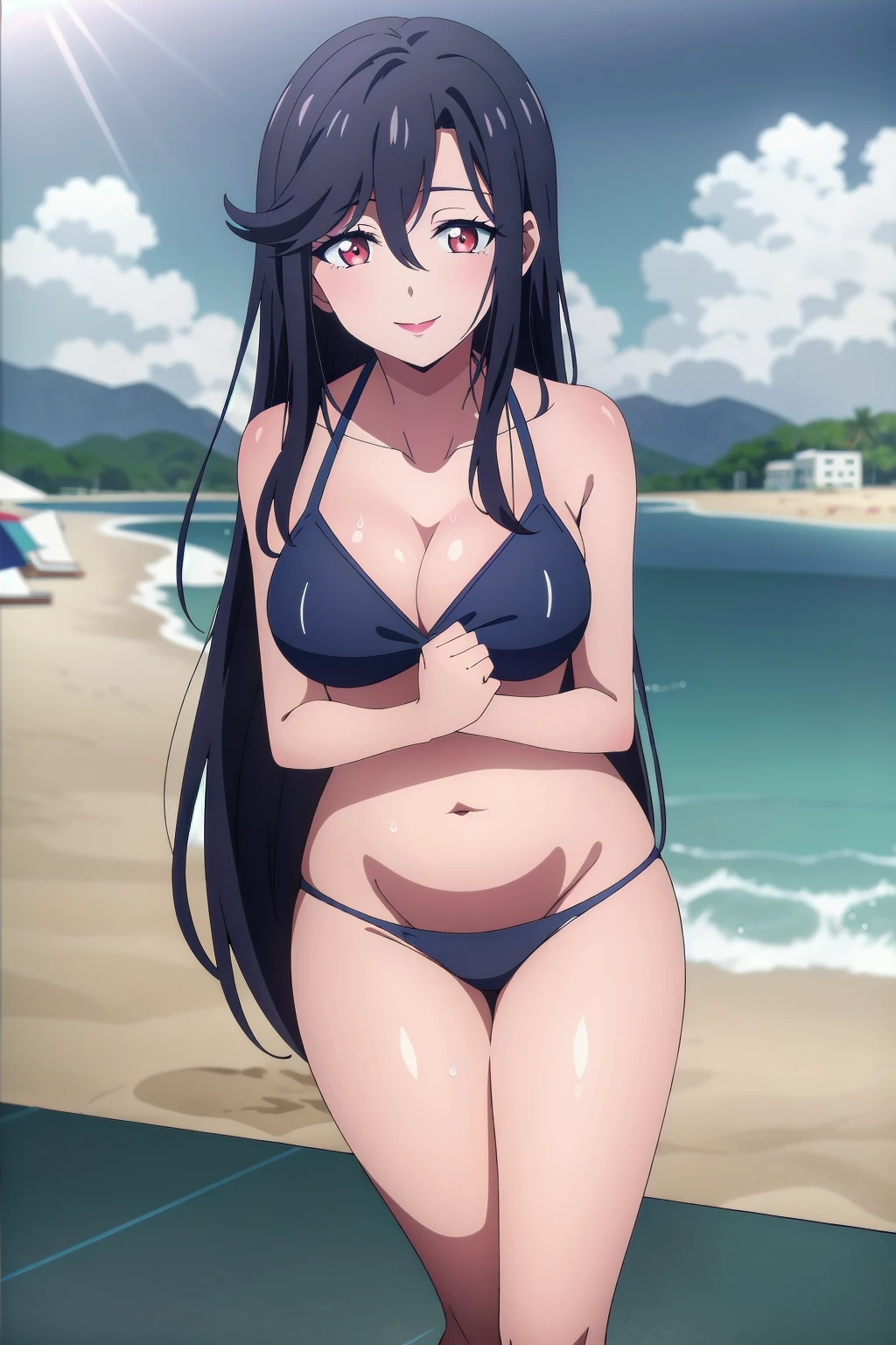 masterpiece, perfect lighting, (beautiful, best quality:1.3), perfect eyes, absurdres, 8k, outdoor,1girl, solo, (absurdres), finely detail, long hair, saori_ohtori, black hair, , red eyes, smile, hair between eyes, medium breasts, long legs,Smiling, looking at the viewer, blue theme, blue background, cloudy sky, sunlight, sweat, orgasmic, bikini swimsuit, large breasts, cleavage, belly button exposed, collarbone, thighs, sea and beach,