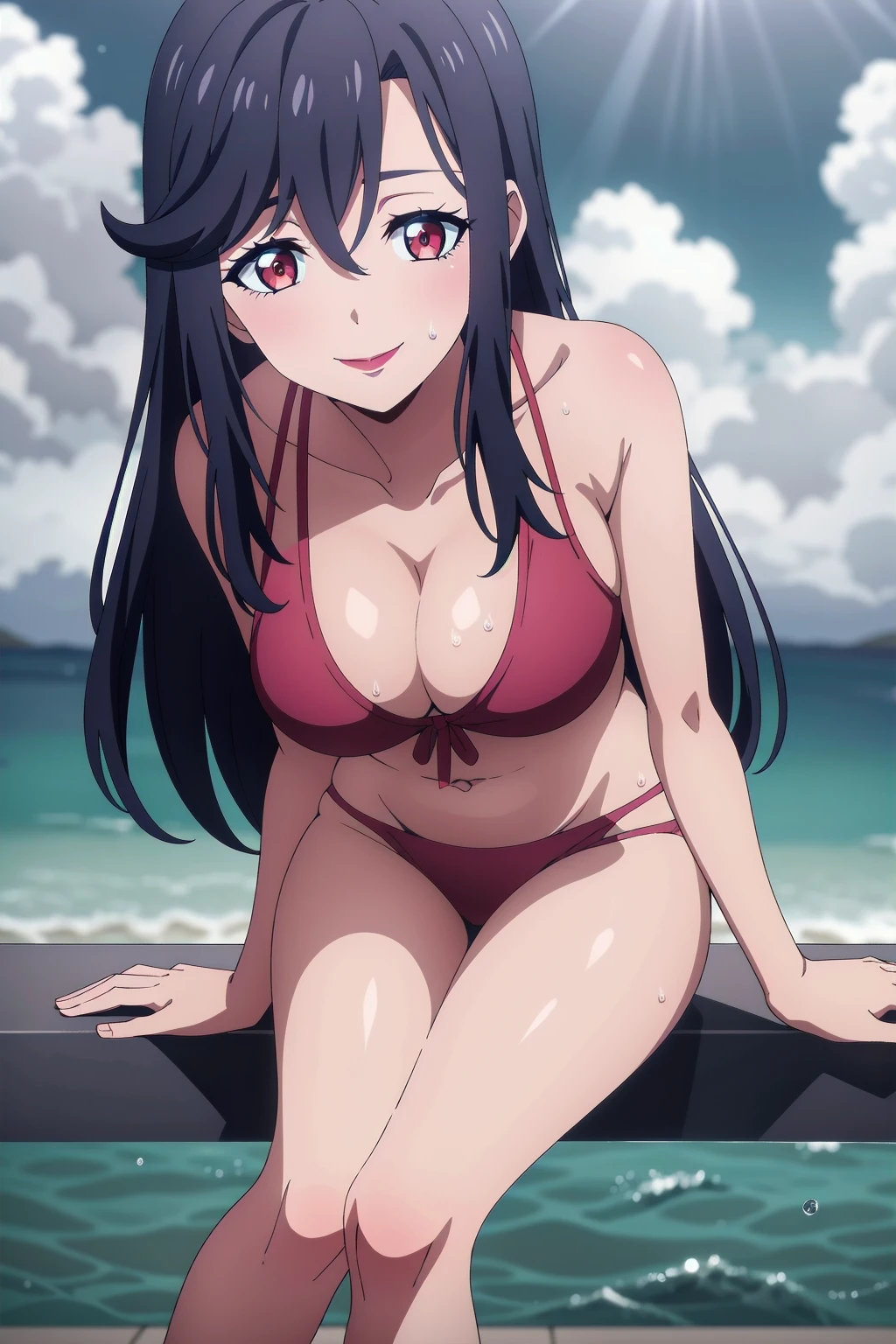 masterpiece, perfect lighting, (beautiful, best quality:1.3), perfect eyes, absurdres, 8k, outdoor,1girl, solo, (absurdres), finely detail, long hair, saori_ohtori, black hair, , red eyes, smile, hair between eyes, medium breasts, long legs,Smiling, looking at the viewer, blue theme, blue background, cloudy sky, sunlight, sweat, orgasmic, bikini swimsuit, large breasts, cleavage, belly button exposed, collarbone, thighs, sea and beach,