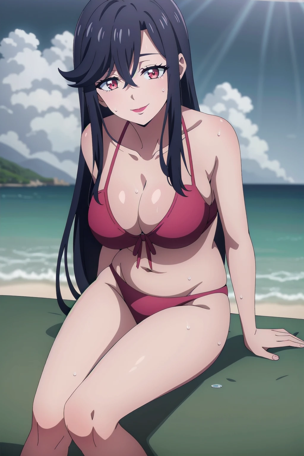 masterpiece, perfect lighting, (beautiful, best quality:1.3), perfect eyes, absurdres, 8k, outdoor,1girl, solo, (absurdres), finely detail, long hair, saori_ohtori, black hair, , red eyes, smile, hair between eyes, medium breasts, long legs,Smiling, looking at the viewer, blue theme, blue background, cloudy sky, sunlight, sweat, orgasmic, bikini swimsuit, large breasts, cleavage, belly button exposed, collarbone, thighs, sea and beach,