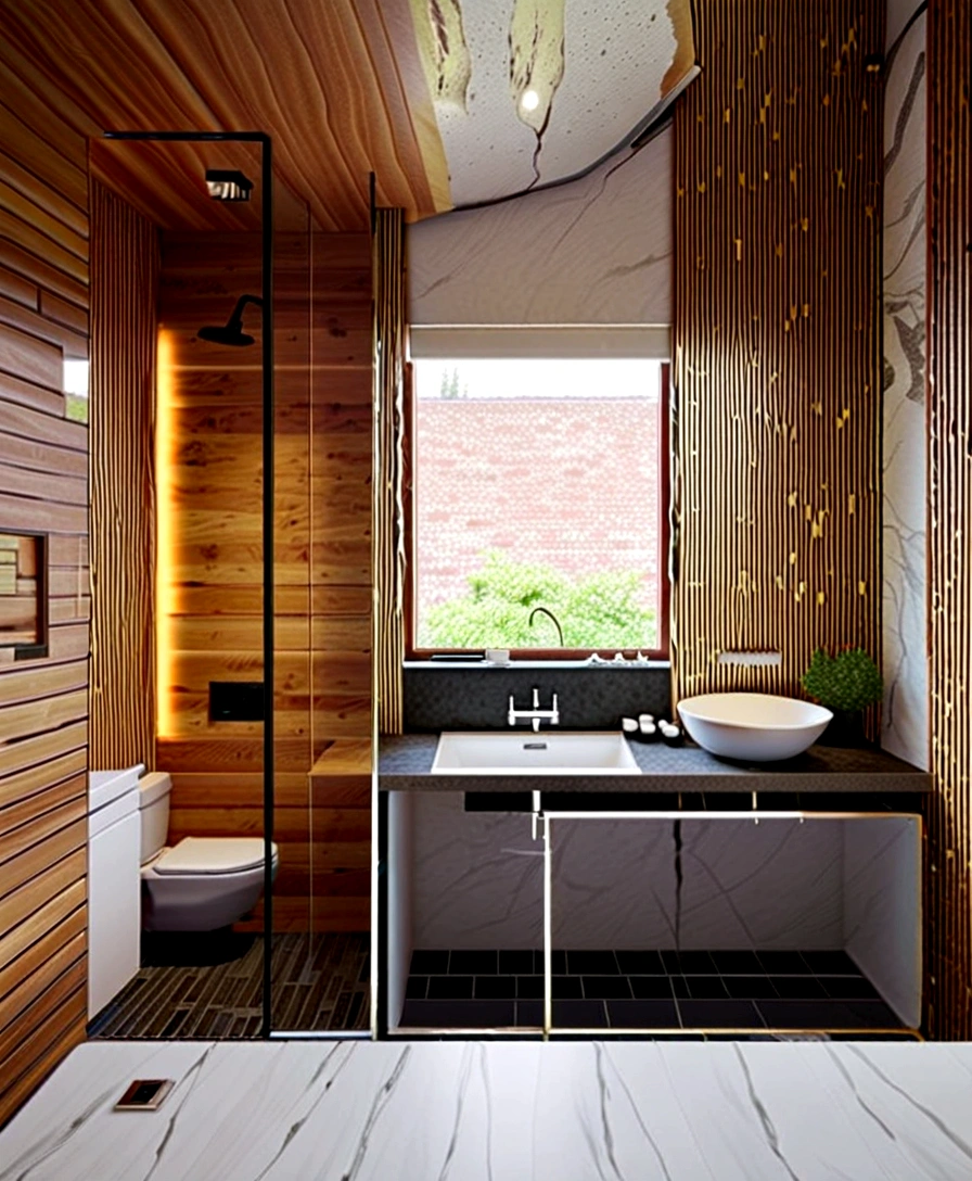 a modern design of 3 square meters room with a window. a toilet and shower side-by-side, and sink cabinet in a compact space. with careful consideration given to every detail. Integration of natural light through the toilet window, creating a sense of openness and connection to the outside environment. for a young couple The floor is made of flooring with flooral geometric patterns in delicate colors in accordance with the combination of darker walls and wooden surfaces
