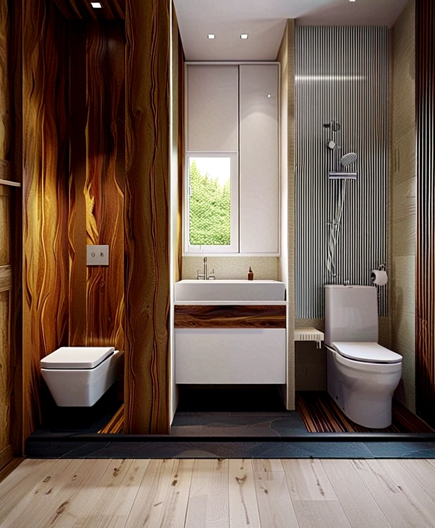 a modern design of 3 square meters room with a window. a toilet and shower side-by-side, and sink cabinet in a compact space. with careful consideration given to every detail. Integration of natural light through the toilet window, creating a sense of openness and connection to the outside environment. for a young couple The floor is made of flooring with flooral geometric patterns in delicate colors in accordance with the combination of darker walls and wooden surfaces