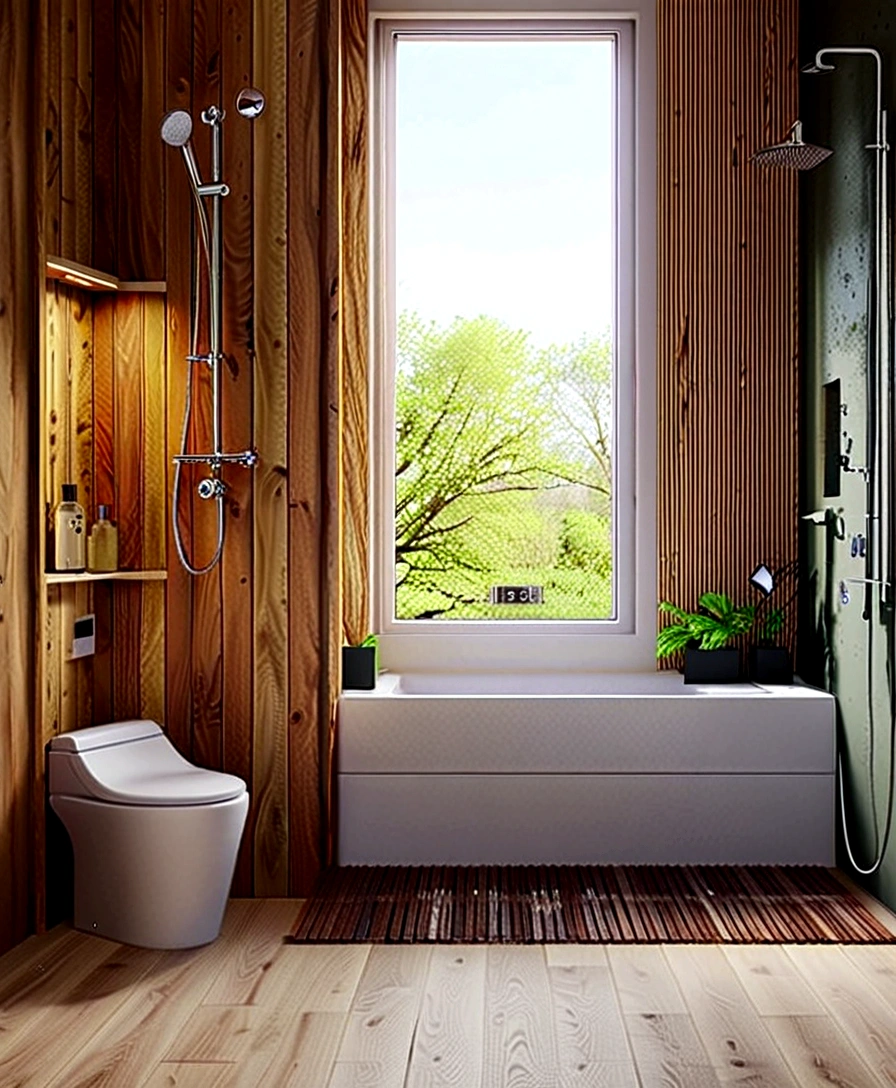 a modern design of 3 square meters room with a window. a toilet and shower side-by-side, and sink cabinet in a compact space. with careful consideration given to every detail. Integration of natural light through the toilet window, creating a sense of openness and connection to the outside environment. for a young couple The floor is made of flooring with flooral geometric patterns in delicate colors in accordance with the combination of darker walls and wooden surfaces
