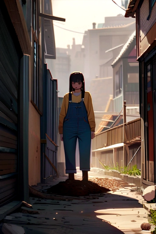girl shit in her overalls. A lot of shit and poop is on her overalls.