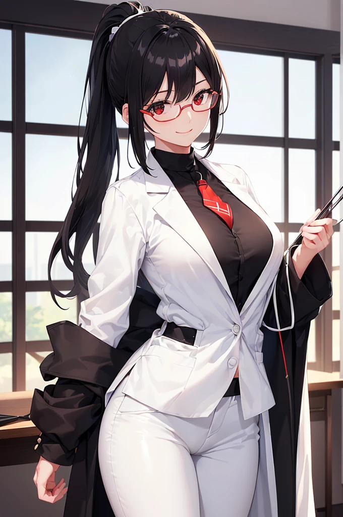 (masterpiece; best quality: 1.2), (finely detailed eyes: 1.3), ((25 year old woman)), ((solo)), (red eyes: 1.4), (body; gorgeous, lithe, femenine: 1.3), (black hair in low-ponytail: 1.3), (beautiful and clear background: 1.2), ((depth of field)), (equipment: white unbuttoned labcoat + black shirt + white tie + white pants + black square glasses: 1.3), (anime illustration: 1.2), (background composition; japanese highschool classroom + furniture: 1.1), (extremely fine and beautiful: 1.1), (shot composition; standing + centered on torso + close-up: 1.5), (expression; calm, smile: 1.2)