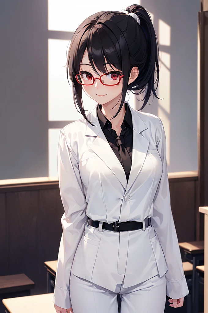 (masterpiece; best quality: 1.2), (finely detailed eyes: 1.3), ((25 year old woman)), ((solo)), (red eyes: 1.4), (body; gorgeous, lithe, femenine: 1.3), (black hair in low-ponytail: 1.3), (beautiful and clear background: 1.2), ((depth of field)), (equipment: white unbuttoned labcoat + black shirt + white tie + white pants + black square glasses: 1.3), (anime illustration: 1.2), (background composition; japanese highschool classroom + furniture: 1.1), (extremely fine and beautiful: 1.1), (shot composition; standing + centered on torso + close-up: 1.5), (expression; calm, smile: 1.2)