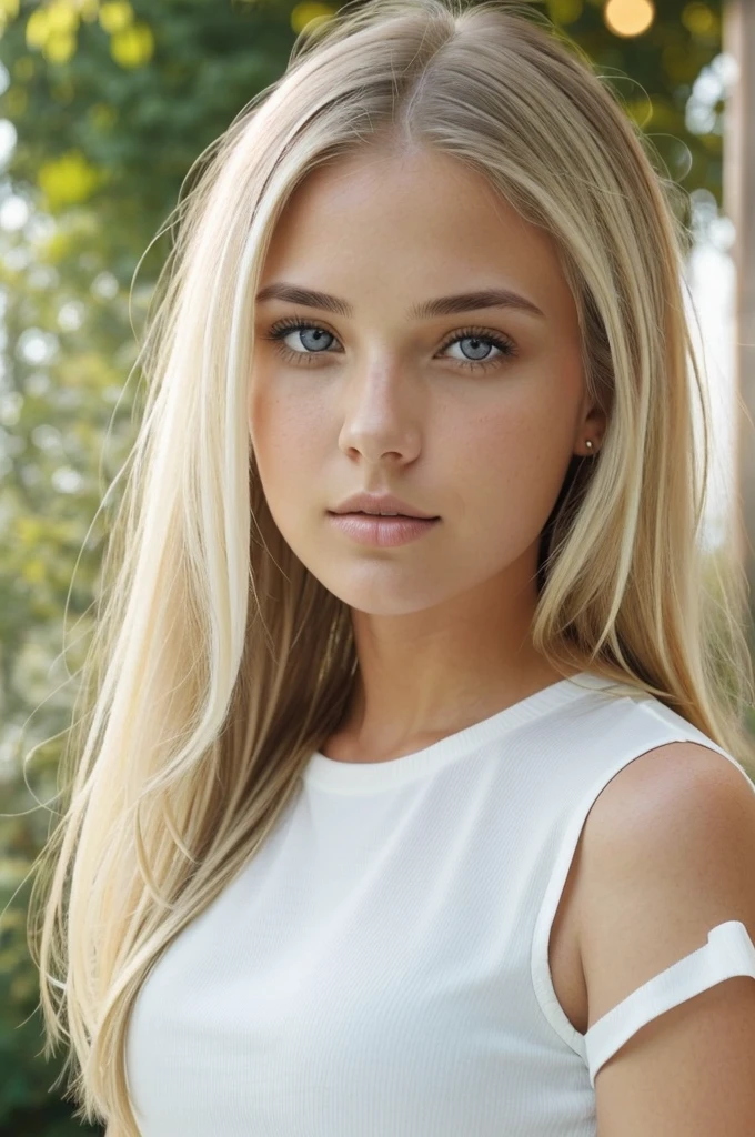 1 female, American,Fat side face,Look to the side,Eyes locked on the side, Beautiful white skin, Long dark blonde hair, She is wearing a white short-sleeved top, Clear focus, Dynamic sexy pose, Round side face,Clear focus, High Detail, Perfect lighting, Solid color background, Bright Lights,