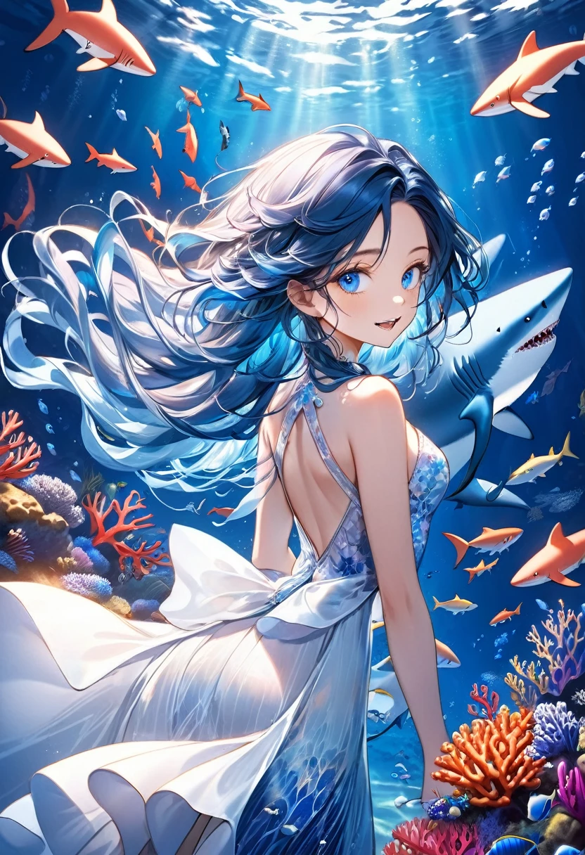 a beautiful elegant girl with sharp shark teeth, beautiful long wavy blue hair, glowing blue eyes, shark-like fins on her back, wearing a flowing blue and white dress, in a magical underwater fantasy scene with colorful coral, schools of tropical fish, rays and other sea creatures, (best quality,4k,8k,highres,masterpiece:1.2),ultra-detailed,(realistic,photorealistic,photo-realistic:1.37),fantasy,concept art,vibrant colors,dramatic lighting,cinematic,ethereal
