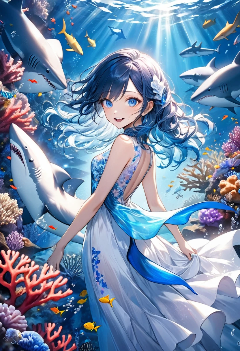 a beautiful elegant girl with sharp shark teeth, beautiful long wavy blue hair, glowing blue eyes, shark-like fins on her back, wearing a flowing blue and white dress, in a magical underwater fantasy scene with colorful coral,