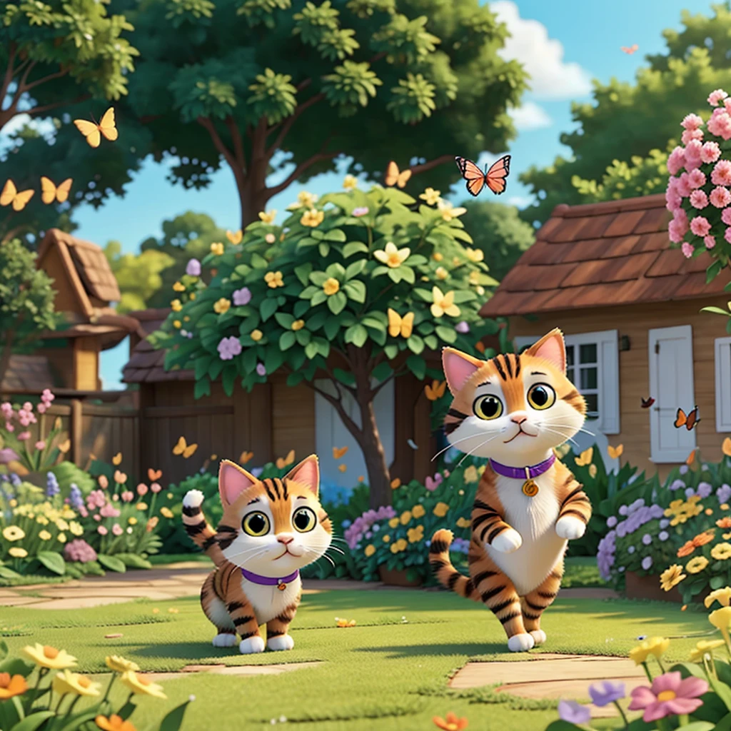A playful cartoon cat chasing a butterfly in a garden."