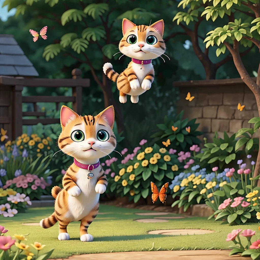 A playful cartoon cat chasing a butterfly in a garden."