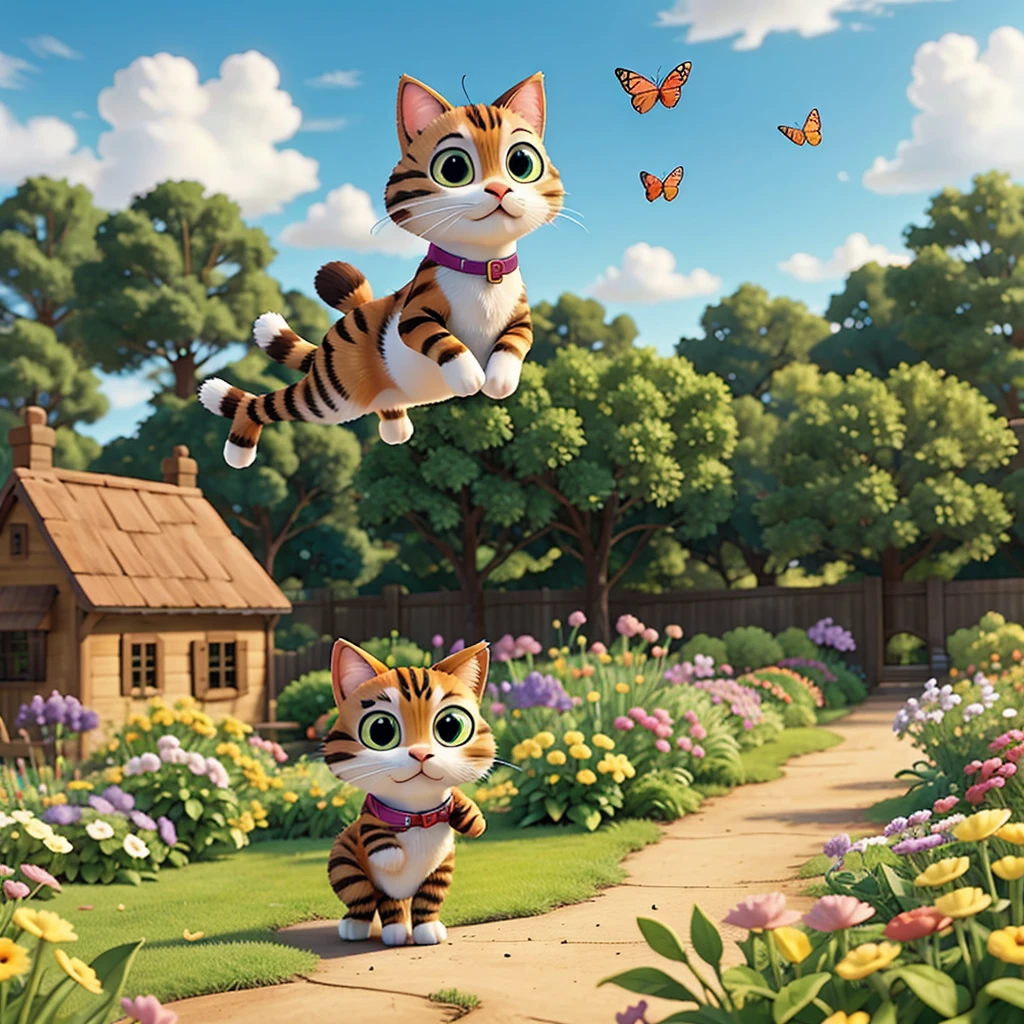 A playful cartoon cat chasing a butterfly in a garden."
