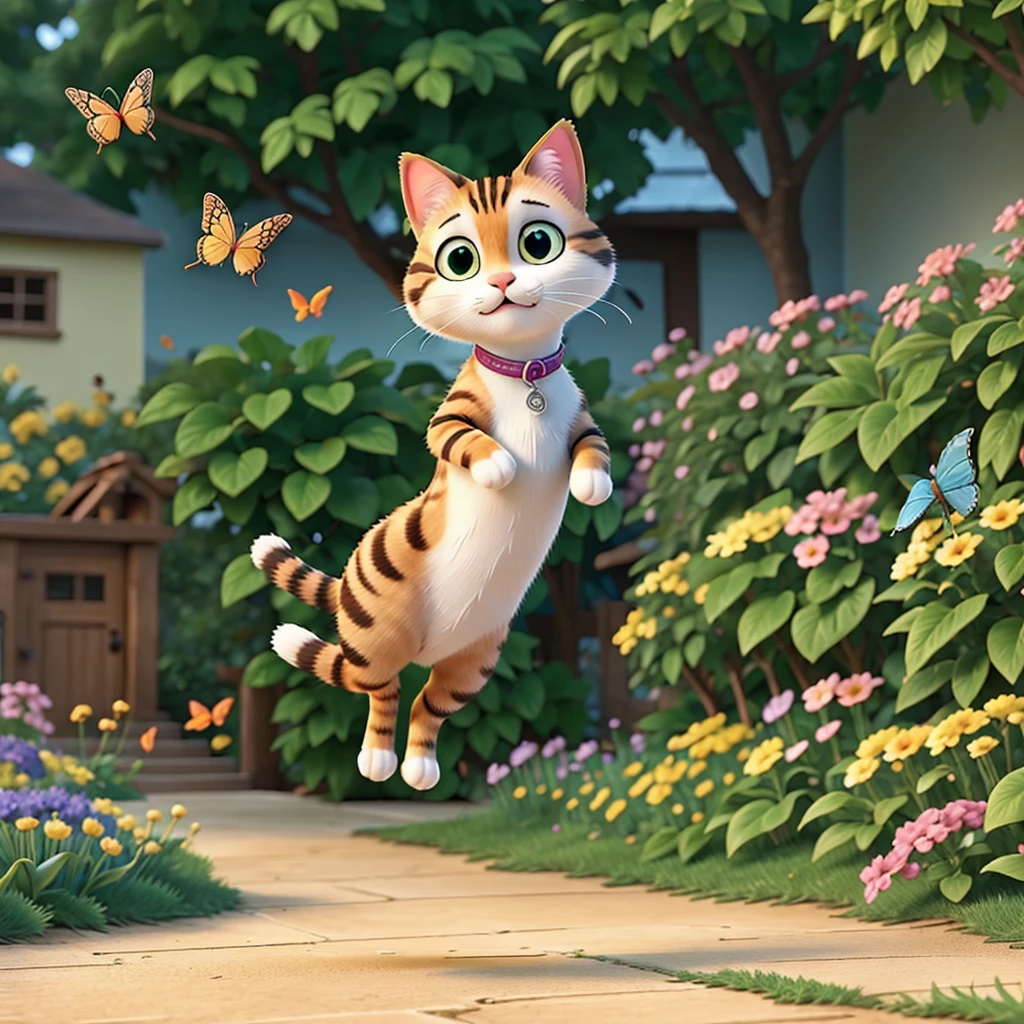 A playful cartoon cat chasing a butterfly in a garden."