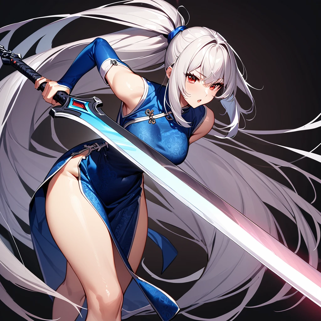 (masterpiece),(Highest quality),(Very detailed),(Best illustrations),(so beautiful), so beautiful長い脚, Thighs, Silver Hair, Red eyes, Very long hair, High Ponytail, Blue clothes, China dress, Side slits, Have a weapon, Huge_sword, Slashing,