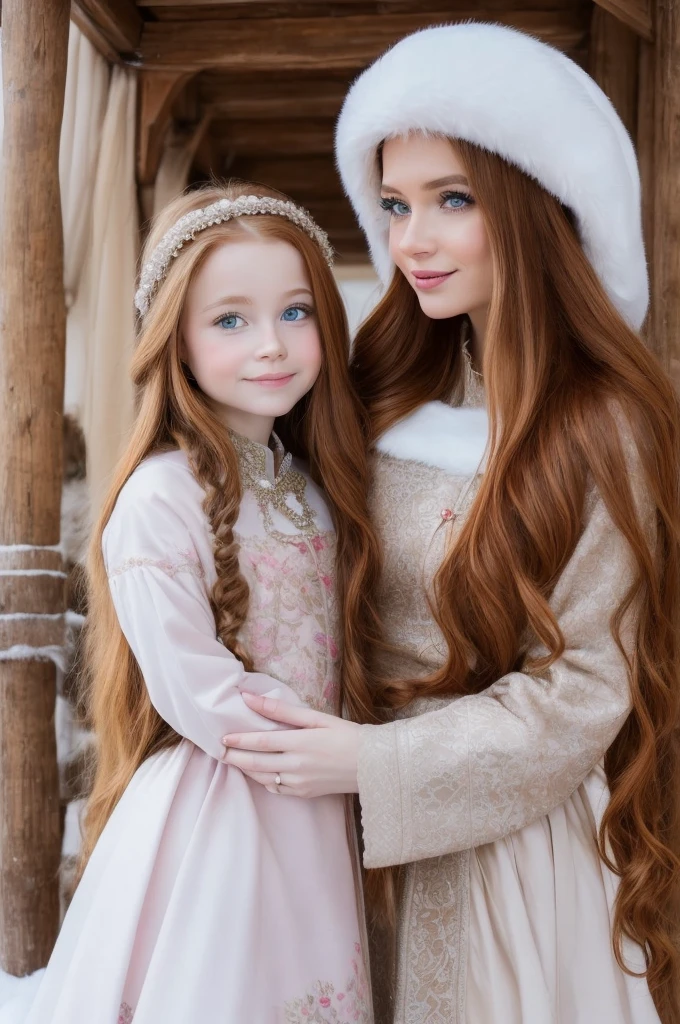 A gorgeous, pretty, shiny, kind-hearted, warm-hearted, sweet, polite, sensitive, friendly, charming, graceful, stylish, classy, alluring, majestic, ethereal, angelical ginger long haired russian woman dressed in traditional folk winter costumes. She's with a  cute girl.