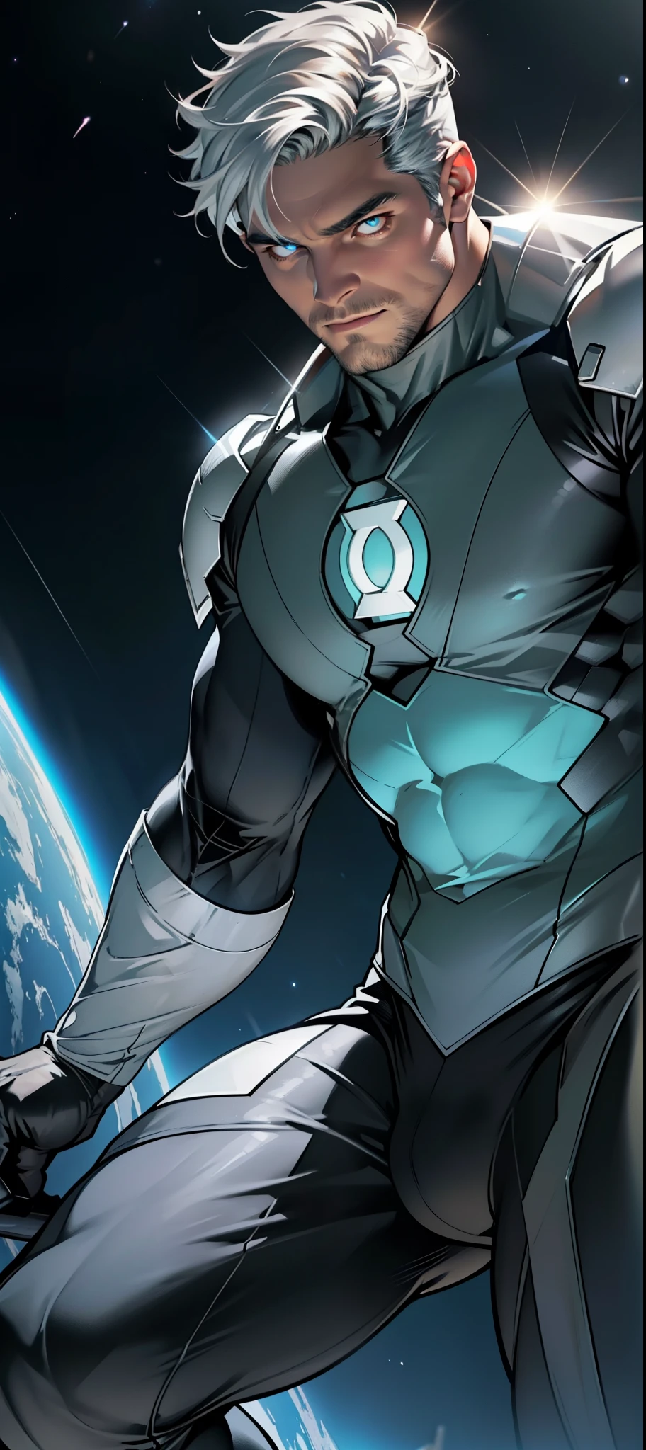 An award-winning original photo, A wild muscular man, (30 years old man:1.3), 1boy, Solo, (wearing a (silver lantern) metal suit), (glowing silver ring on a finger), spikes, neon stripes, white hair, (big shoulder), muscular, hunk, stubbles, Short beard, (Detailed face:1.3), (beautiful eyes:1.2), Dynamic Angle, volumetric lighting, (Best quality, A high resolution, Photorealistic), Cinematic lighting, Masterpiece, RAW photo, Intricate details, hdr, depth of field, knee-up shot, in space background, beautiful cosmos, energy strands around body