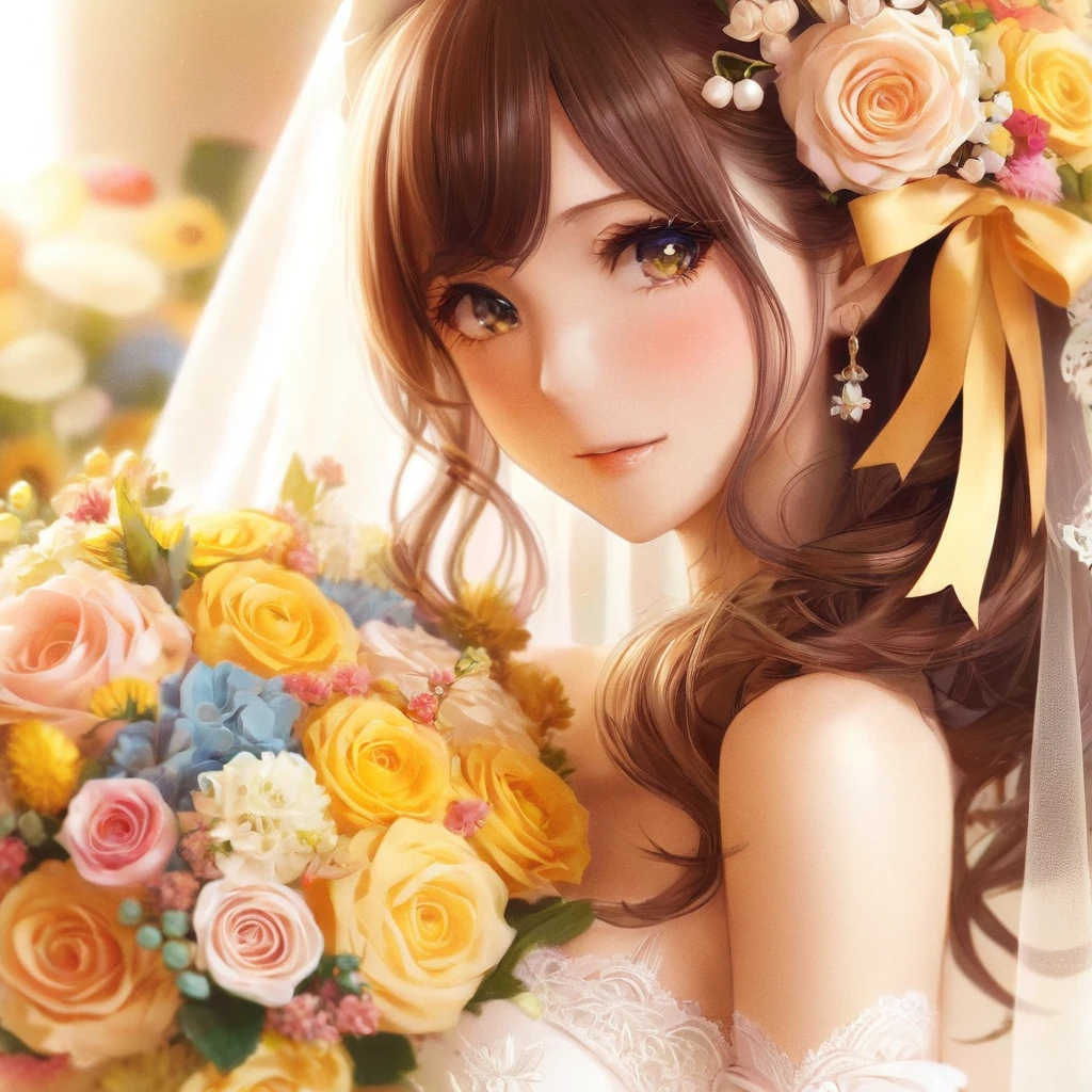 Close up portrait of woman holding bouquet of flowers, Beautiful Anime girl, Beautiful Anime woman, Cute Anime Girl, Beautiful Anime style, Beautiful and gorgeous digital art, Beautiful Anime, Beautiful Anime portrait, Cute Anime Girl, Beautiful sunflower anime girl, Attractive anime girl, Smooth anime CG art, Cute realistic portrait, Beautiful Anime face, Beautiful Anime art, Cute Anime Girl portraits