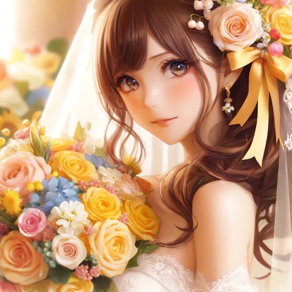 Close up portrait of woman holding bouquet of flowers, Beautiful Anime girl, Beautiful Anime woman, Cute Anime Girl, Beautiful Anime style, Beautiful and gorgeous digital art, Beautiful Anime, Beautiful Anime portrait, Cute Anime Girl, Beautiful sunflower anime girl, Attractive anime girl, Smooth anime CG art, Cute realistic portrait, Beautiful Anime face, Beautiful Anime art, Cute Anime Girl portraits