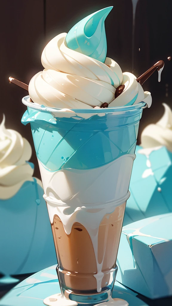 there is a cup of アイスクリーム with a chocolate drizzle on top, Blue waffle cone, Chocolate Mint Ice Cream on the side, Milkshake, slush, item, Dripping blue natural rock storehouse, Chocolate Mint Ice Cream, Blue drops, slush)), Icy, high quality product photo, Ice cream cone, Official product photos, Creamy, blue ice