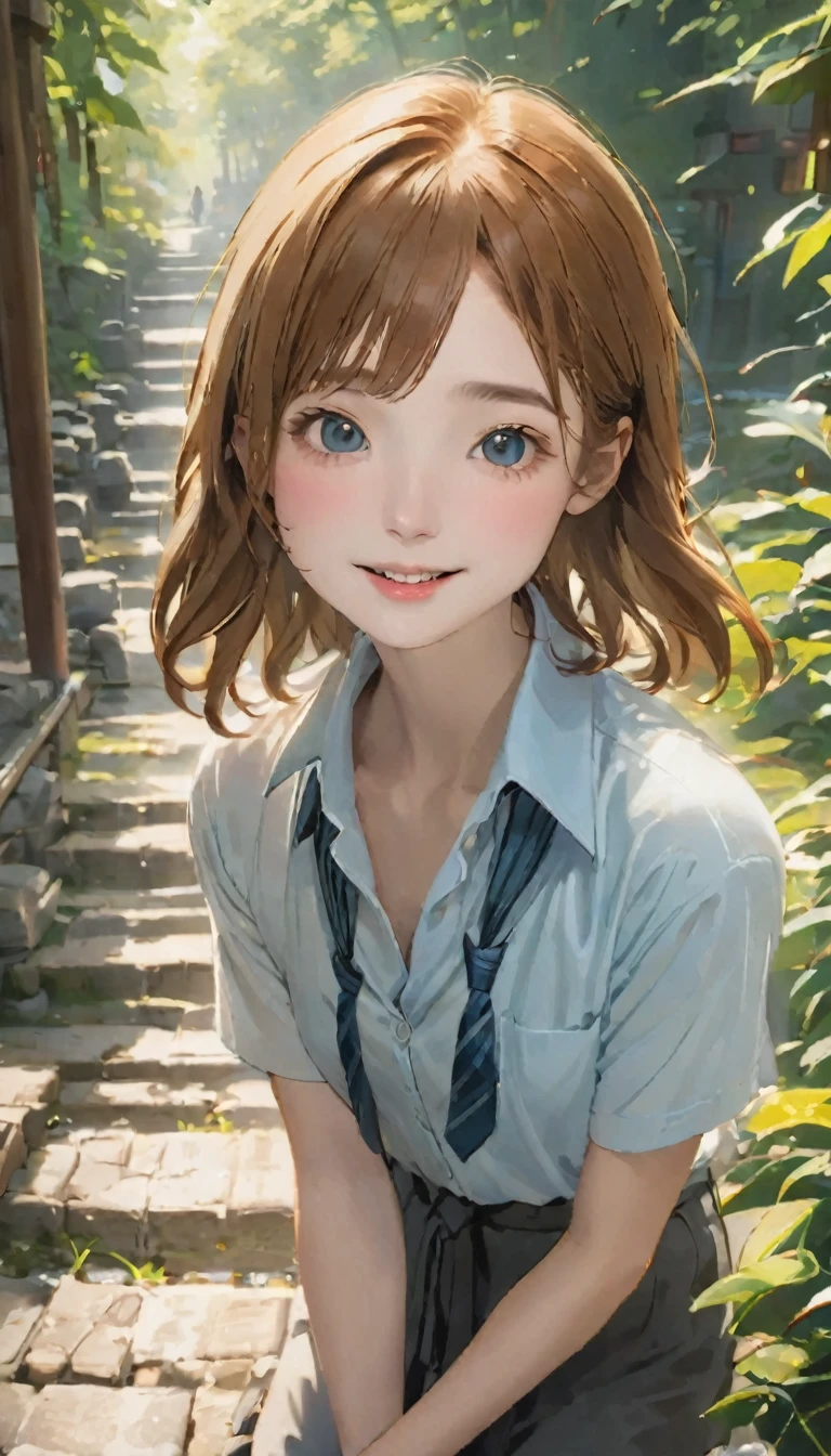 RAW Photos、Realistic、Ultra-realistic、Full body angle、(((One Girl、cute、Chestnut Hair)))、(((Duck mouth、Dimples、Highly detailed face and skin texture)))、(((Tie your hair:1.37)))、Casual T-shirt:1.37、Slightly naughty hot pants、Casual sandals、Buddhist temples in Japan、gravel ground、Stroll around the temple grounds、why?、The Creation of Silence、Highest quality、masterpiece、Ultra-high resolution、8K