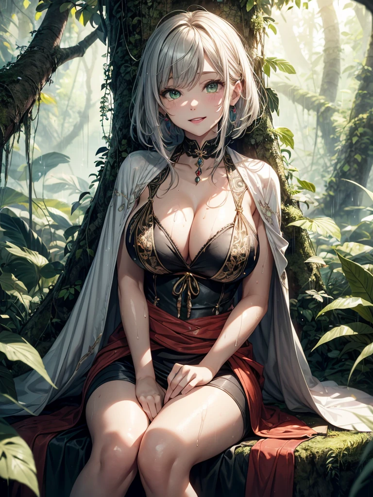 Tia is shown to have a fairly slender figure. She has white-grey hair , she has short hair and large pale green eyes, young girl dressed as an Indian, wearing a colorful dress decorated with Indian embroideries and natural embellishments, made of leather or rough cloth.  The girl sits on a large tree in a corner of the rainforest, which is characterized by its stunning views and abundant greenery.  Heavy rain can be seen falling over her, as drops of water fall on her face and body, and her wet hair strands are delicately tangled around her.  The girl seems calm and at ease in the nature of her innocent surroundings, enjoying the splendor of the forest and the sounds of falling rain playing a delicate and magical melodies.  Her face shows a vibrant smile of joy and happiness., cleavage exposed, big breasts, superior quality, many details, Puri focus  Sharp and realistic sultry look, seductive,
