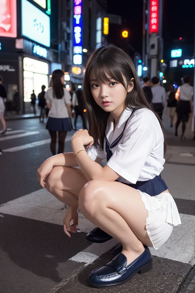 1womanl、(Super beautiful)、(beauitful face:1.5)、Clear pubic contours、Squatting、Spread your legs、(white panties:1.4)、(high-school uniform)、(Dark blue pleated skirt)、(Wear black loafers)、(Sidewalk in Shibuya at night)、Neon sign、(At NSFW:1.1)