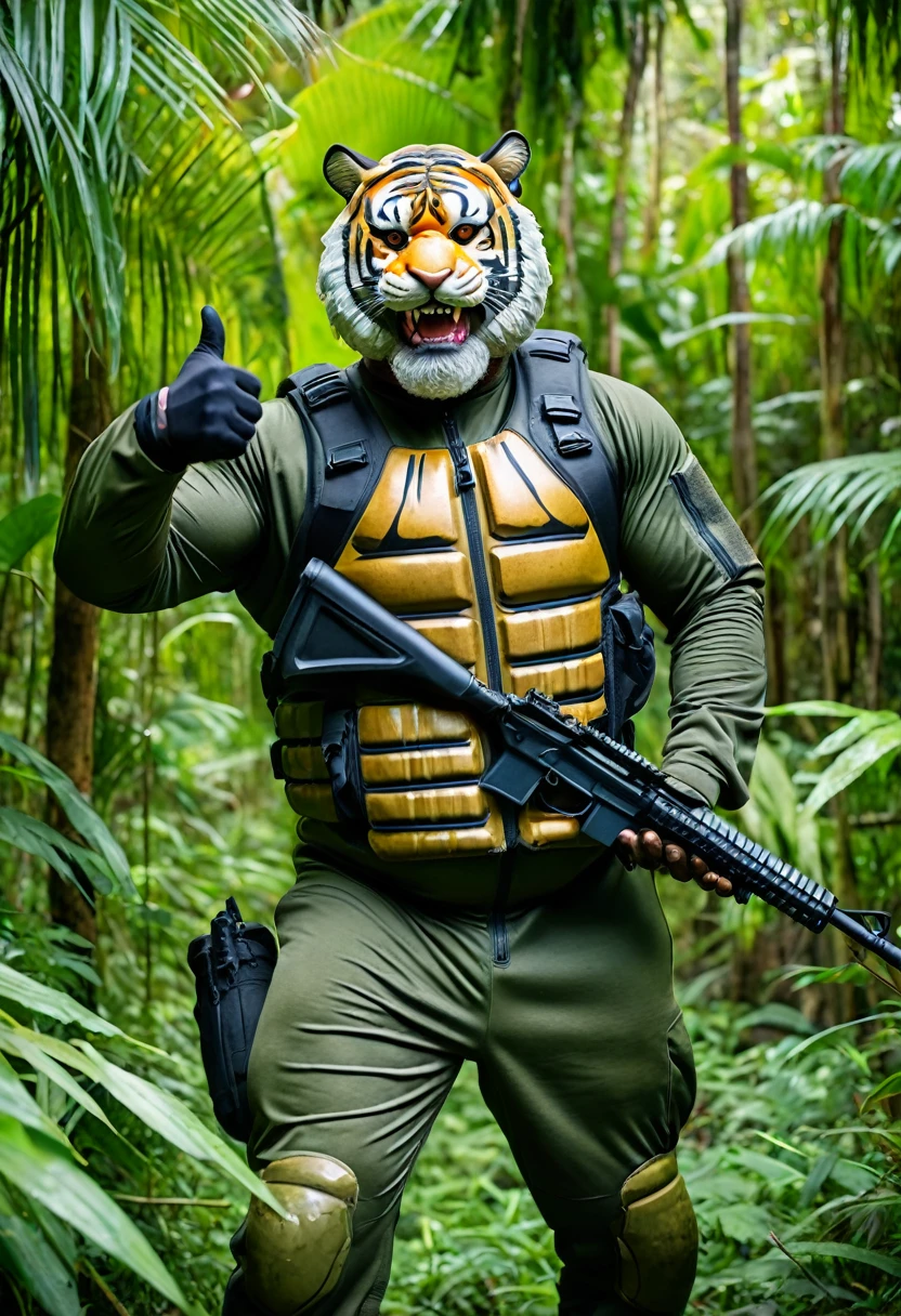 (a dark-skinned bearded fat muscular old man in a bulky army camouflage zipper diver suit), and (wearing realistic roaring siberian tiger mask) thumbs up, patrolling in a jungle and carrying sniper rifle, muscular, Bruce Onobrakpeya, sumatraism, stanley artgermm, action, heroic, fierce, snarling