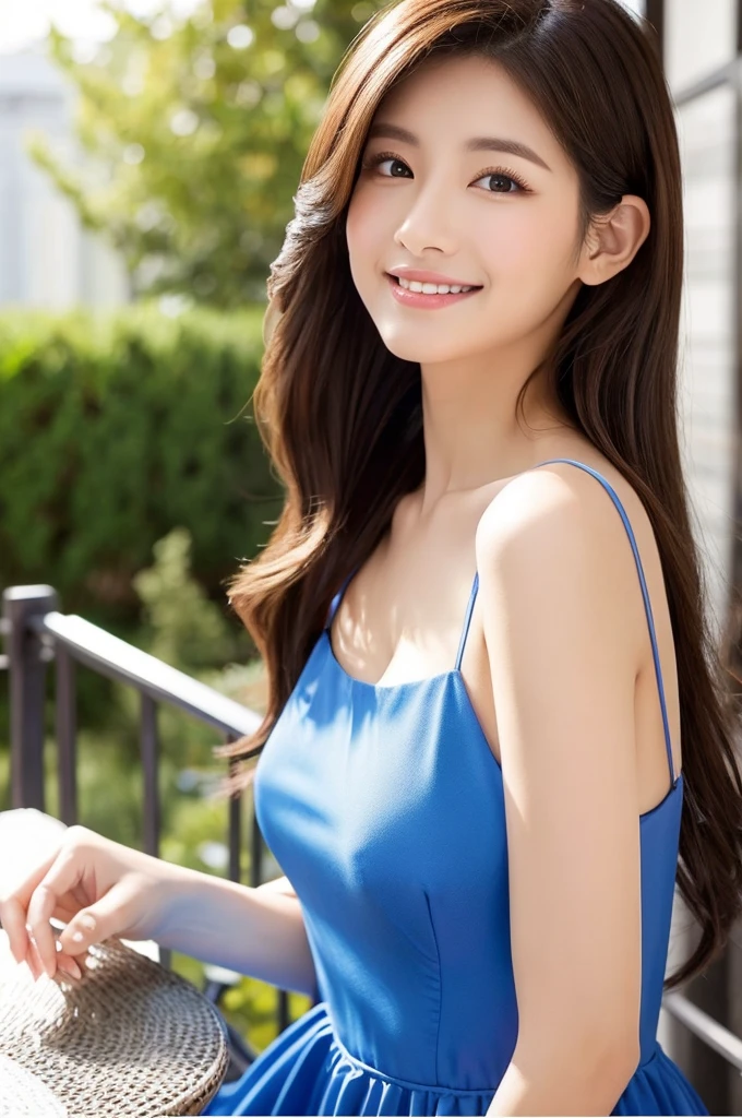 4K Super Resolution、Beauty、One Woman、Dark Brown Hair:1.1、Highly detailed face、Lips detail、important、(Eyes meet)、double eyelid、Princess Eyes、美しいJapanese women、美しいJapanese women、Sensual lips、Bewitching body、Bust size 82、Stand in a stimulating pose facing forward with natural body balance、20th generation、(21 years old)、far and near method、 Japanese women、Blue Dress、Delicate wear、 Erotic and stylish white dress、Hair blowing in the wind、The number and shape of hands are important、I can see your chest、A crisp image、The delicate sparkle of eyes、There is a small Western-style terrace on the plateau.、Sit facing forward on a stylish chair、Beautiful breasts with attention to detail、color々Hair style、Smiling with a nice smile、
