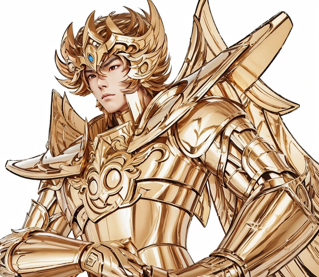 A young asian man in glossy gold armor with white outfit without sleeves underneath, Saint seiya, pegasus seiya, unreal engine saint seiya render