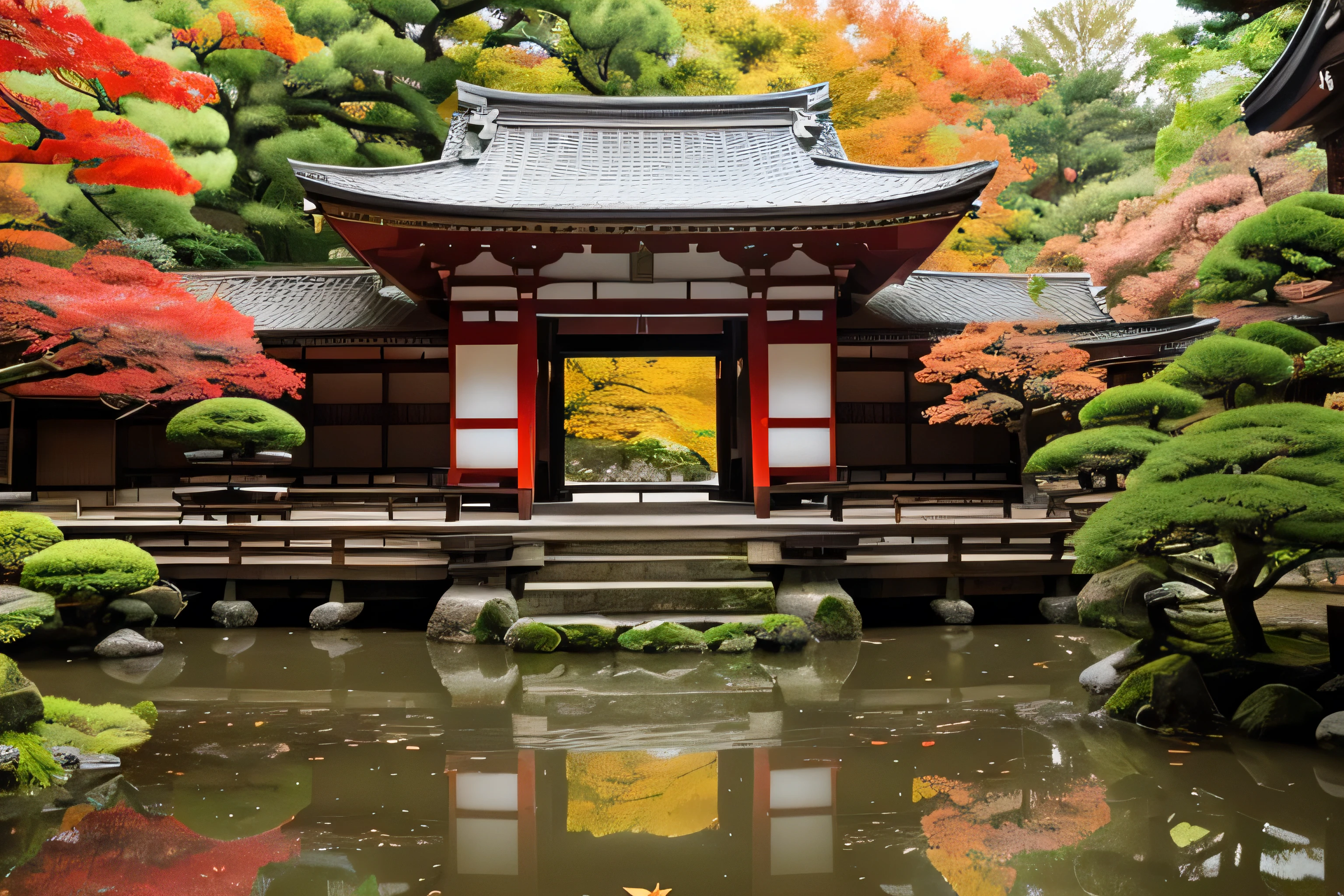 A historic temple in Kyoto, small, the leaves are turning red and the season is autumn, a beautiful Japanese garden, the ground is wet after the rain, the sky is tinted with the setting sun.