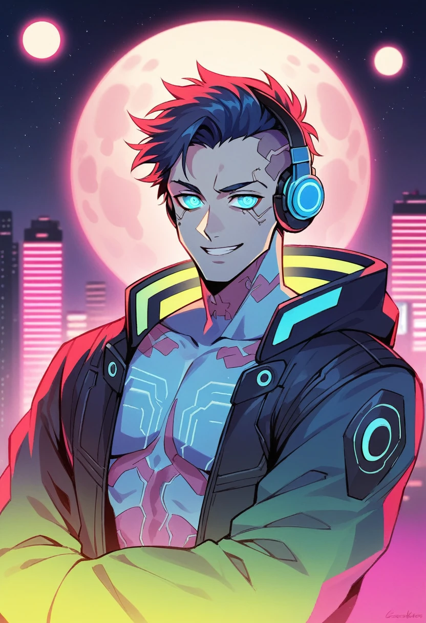 1boy, (extremely beautiful), solo, male focus, cyberpunk, neon lights, vibrant colors, headphones, Cyberpunk, neon, masterpiece, best quality, ultra-detailed, cyberpunk background, detail, in the starry night, moon, explosive and clear eyes, glowing eyes, beautiful details in the wind, little smile.