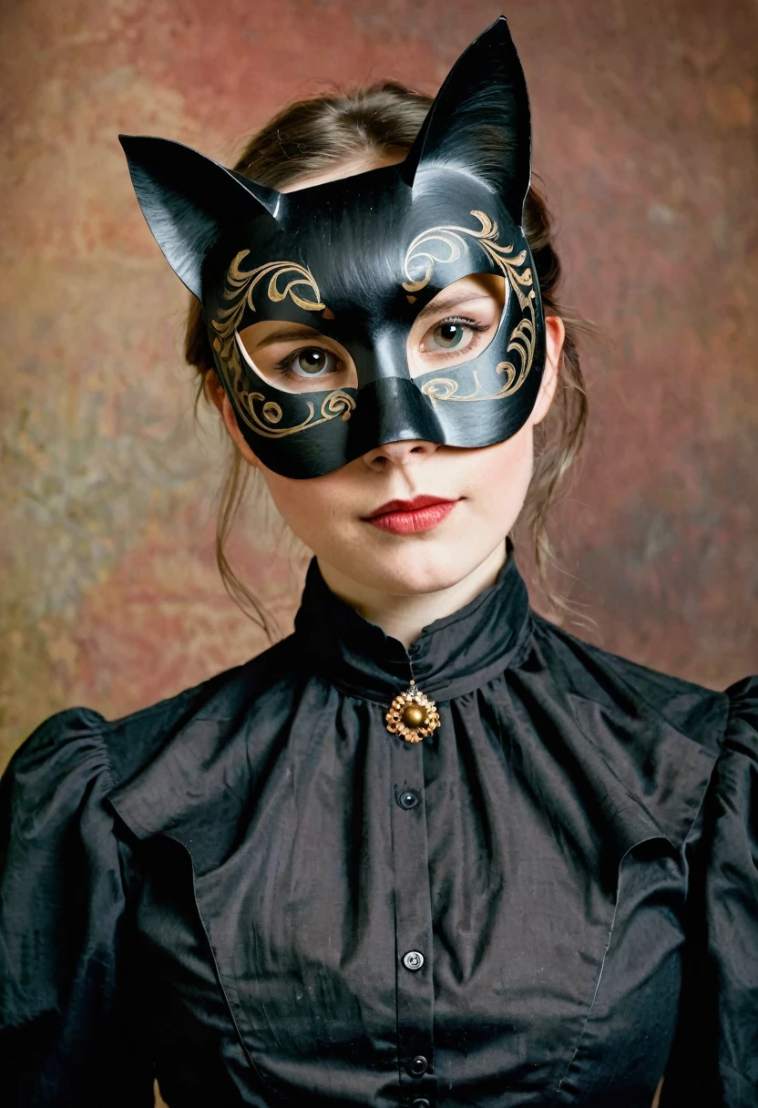 Young lady in a high-necked Victorian blouse donning a rustic wooden cat mask with painted whiskers