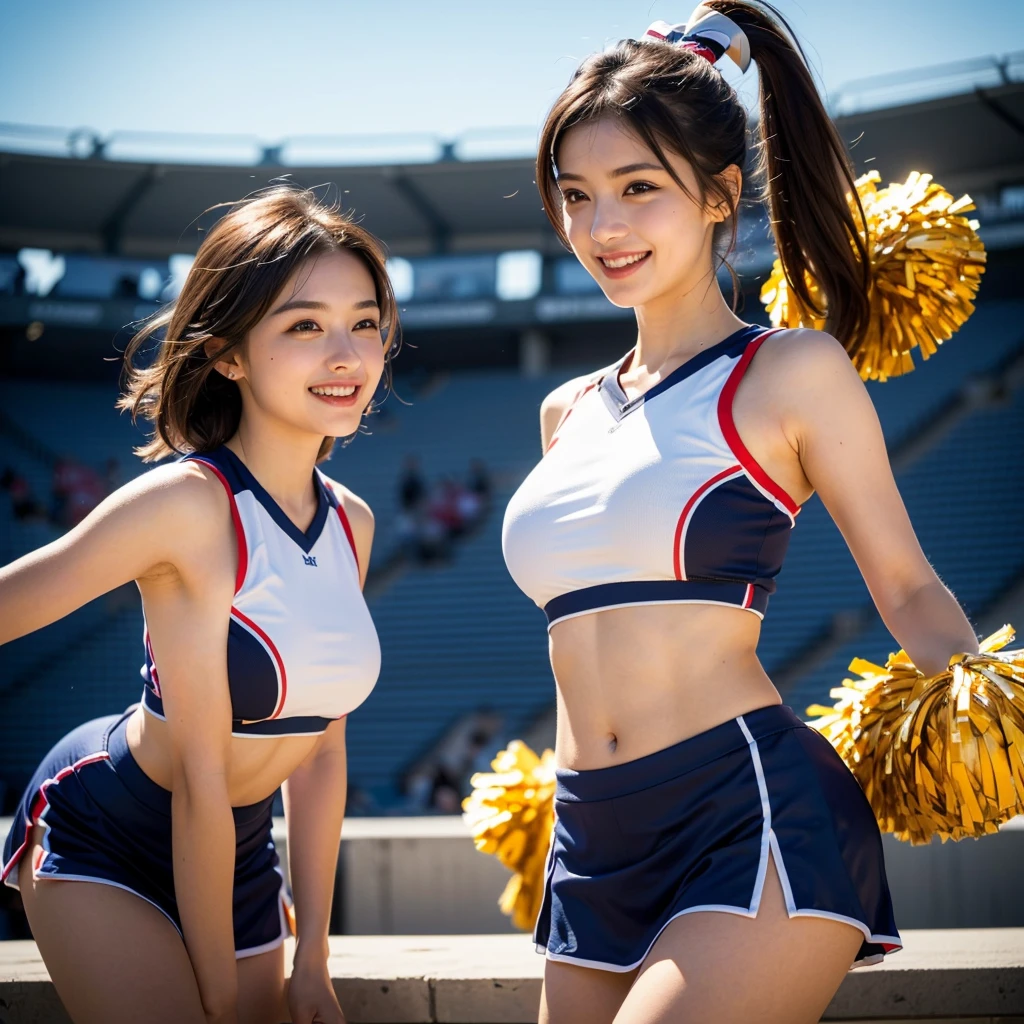 ((Realistic lighting, Best quality, 8K, Masterpiece: 1.3)), Clear focus: 1.2, 1girl, Perfect Figure: 1.4,(cheerleader:1.3),(outdoors:1.5),(viewarmpits:1.5),(stadium:1.1),(cheer dance:1.3) , big breasts, ((Dark brown hair)), Super fine face, Fine eyes, Double eyelids,smile face