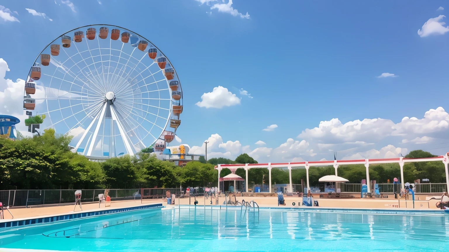 High-quality photos、Realistic photos、Vision、Amusement park on the hill、You can see the Ferris wheel、Large swimming pool、A fine summer day、Poolside stage