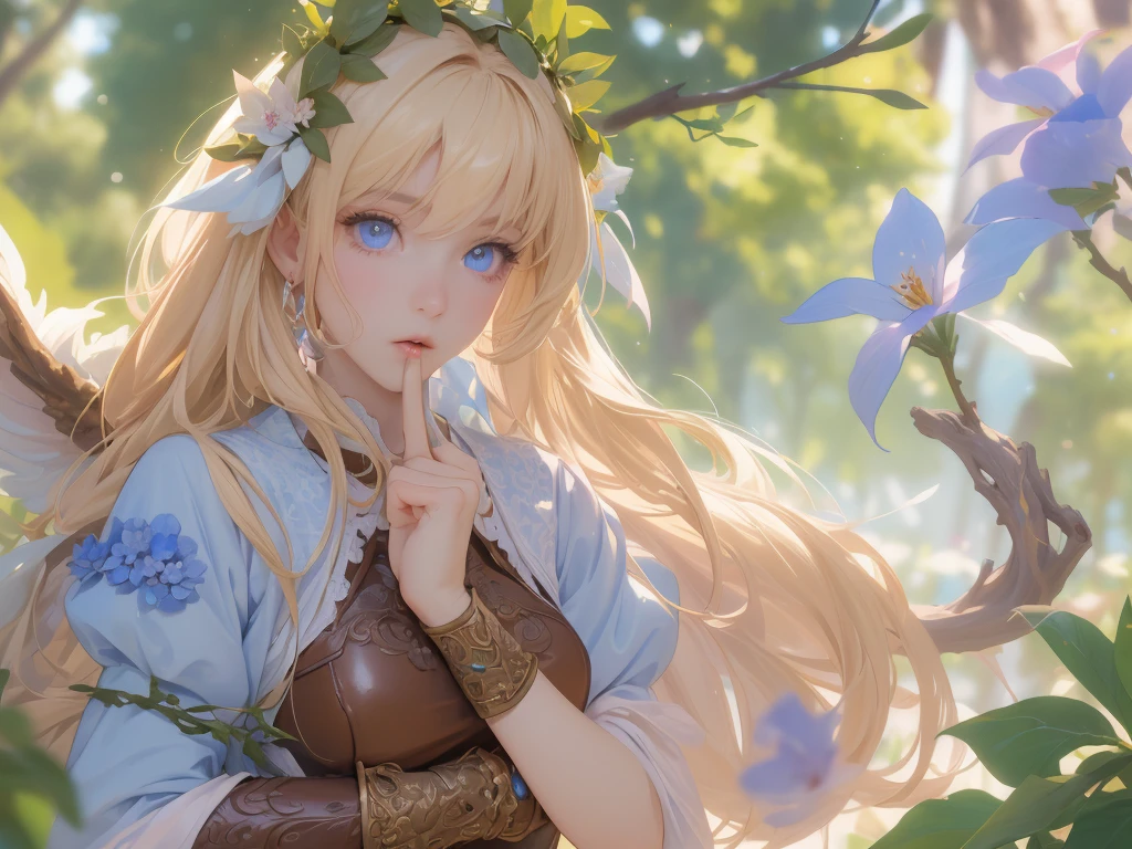 work of art, ultra creative, epic details, ultra detaild, best resolution, Woman, archer, blonde, (Beautiful nymph), ( robust wreath of leaves and pink and blue flowers), sculptural body, (brown clothes made of leather), ((perfect hands))), scenario:Enchanted Forest), no mistakes, (((epic details na face))), (((ultra perfect eyes)))