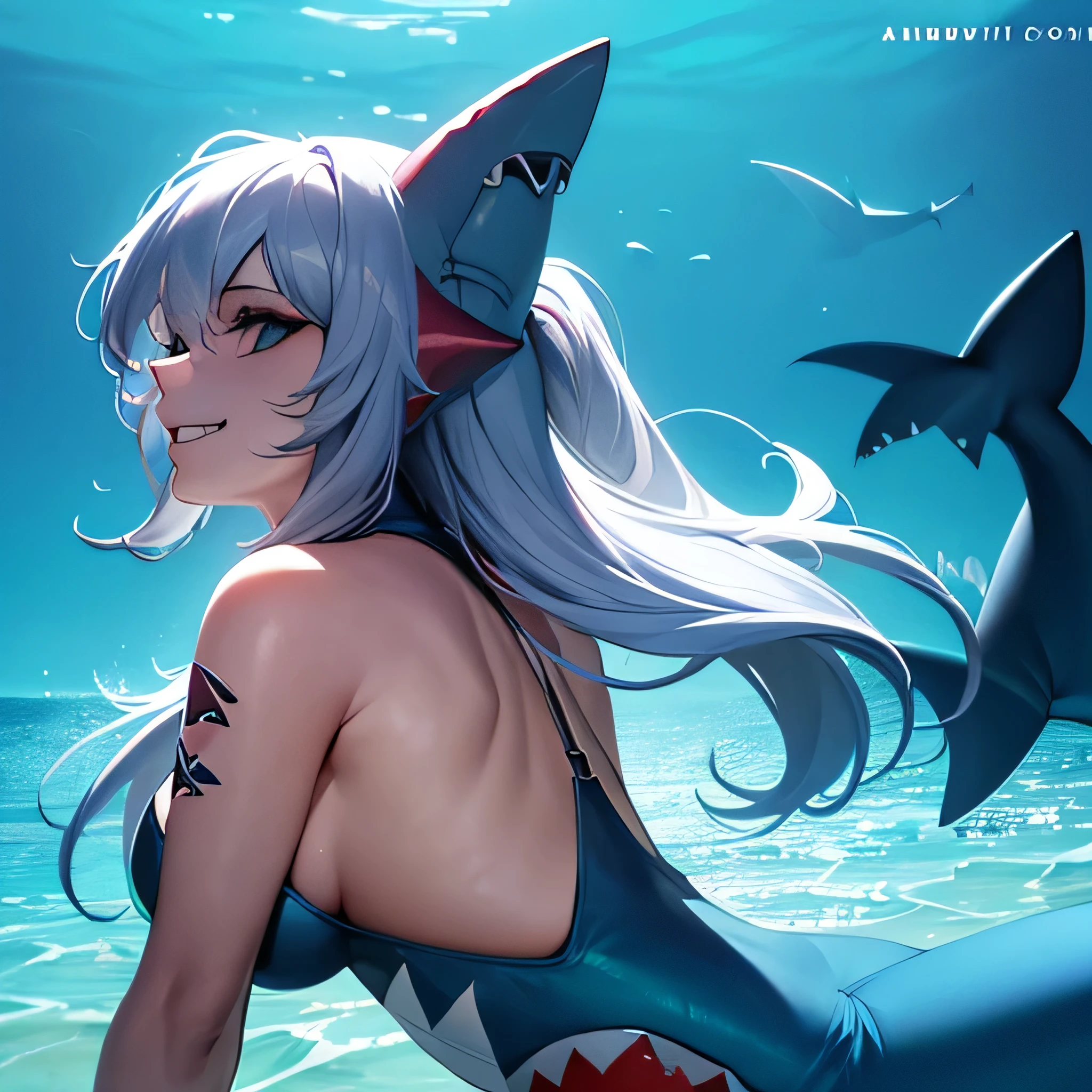 ((masterpiece)), ((best quality)), (ultra-detailed), ((extremely detailed)), 4K, (8K), best quality, perfect anatomy,full motion view, (((beautiful detailed eyes))), (((world-class quality))), realistic, extremely detailed, high resolution,chibi,grin, (Shark Girl/Shark Girl/Shark Woman:1.5),(gills, dorsal fins, fins,shark head mask,shark tail),ocean,diver suit,marine,multiple diver sharkwoman