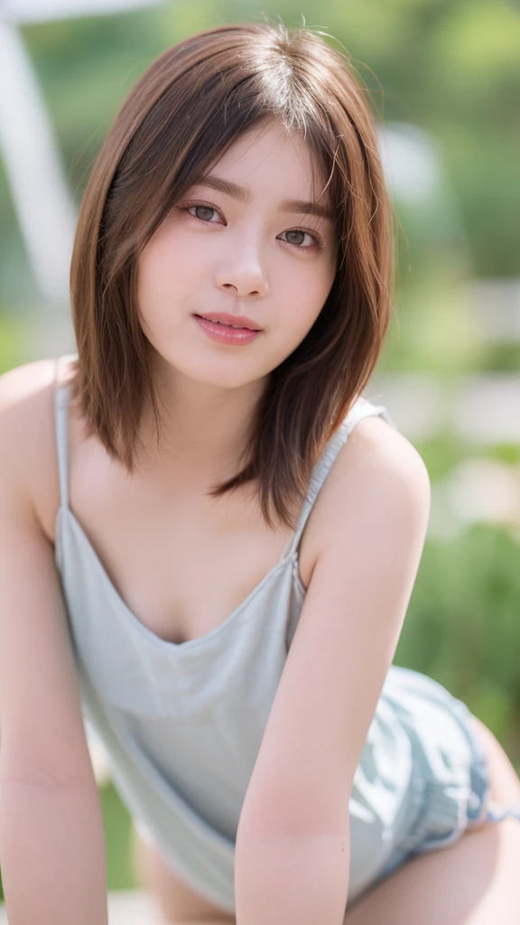 (((smile、Focus on the eyes:1.1、Extremely detailed:1.22、Ultra-high resolution、masterpiece:1.45、Highest quality)))、((((Whole body expression:1.68、camisole、Leaning forward、One person))))、long, straight black hair、So that every single hair is clearly visible、The subtle color changes of hair depending on how the light hits it、 Skin has a natural glow、Fine skin texture、Representing the fine details of pores:1.25、Details of the light redness on the forehead and cheeks、(((Eyes with fine iris details、The eyes depict color gradations and patterns.、Long, natural-looking eyelashes, each and every one visible、Well-groomed eyebrows、眉毛のindivual々The hair is clearly visible、Light reflecting off into the eye、The light in the eyes creates small highlights)))、The nose is delicate、Fine detail on the nostrils、Lips are plump and naturally pink、Depicts the fine lines and soft curves of the lips、lips are shiny and、The gloss on your lips accentuates their shape.、(((Detailed depiction of lip texture、Particular attention to the depiction of light and shadow、Soft natural light gently illuminates the face from the front、A faint glow on the forehead、A slight shine on the nose、A slight glow on the cheeks、Shadows are cast softly along the contours of the face、Accentuate the sides of your cheekbones、Accentuate the sides of the jawline、Emphasize the sides of the nose、The gloss on her lips reflects the light faintly、Lips emphasize the plump texture、The shadow of the hair gives depth and dimension、indivual々The hair shines in the light、