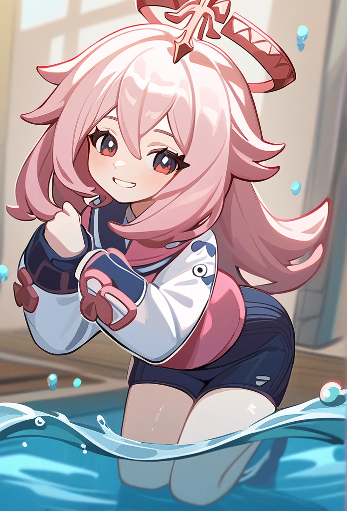 Genshin impact art styles, Pink hair, thick twintails, red eyes, swimming club, smile with lively, Beautiful hot pink accessories and paimon's uniform,paimon