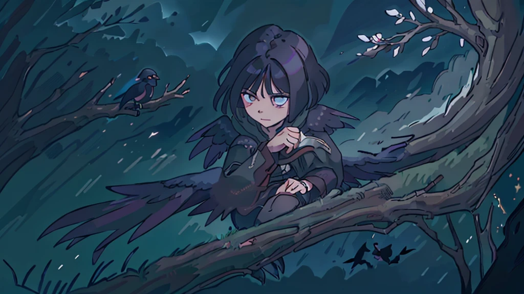 there is a raven that is sitting on a branch in the dark, crows as a symbol of death, dark crow, raven bird, raven wings, raven, three-legged black raven, dark feathered wings, crows beautiful, raven, crow, long thick shiny black beak, anime, UHD, masterpiece, anatomically correct, award winning, best quality