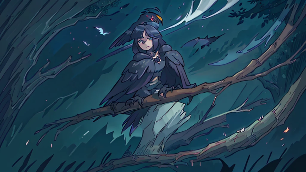 there is a raven that is sitting on a branch in the dark, crows as a symbol of death, dark crow, raven bird, raven wings, raven, three-legged black raven, dark feathered wings, crows beautiful, raven, crow, long thick shiny black beak, anime, UHD, masterpiece, anatomically correct, award winning, best quality