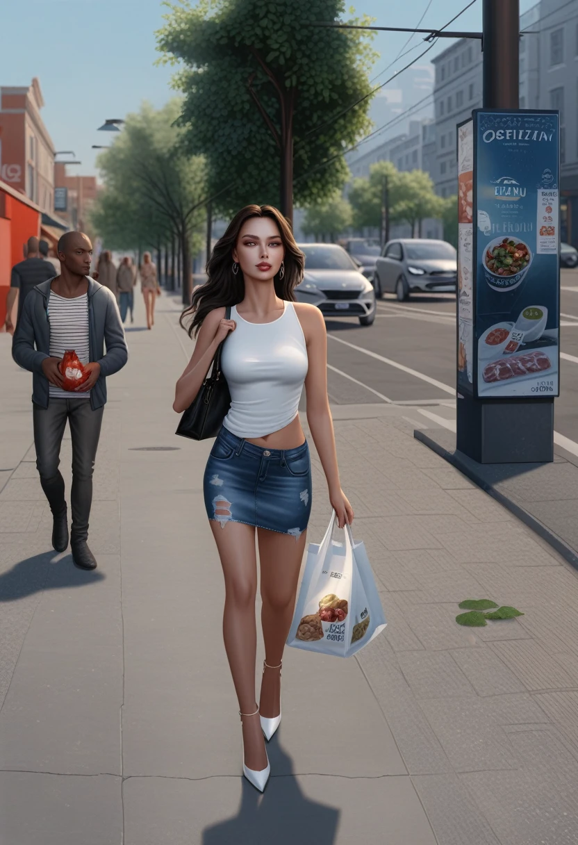 a slim woman, wearing denim mini skirt, walking down the sidewalk with a bag of groceries in her hand, detailed face, beautiful eyes, full lips, delicate facial features, long legs, high heels, detailed clothing, urban street scene, realistic lighting, 8k, high resolution, masterpiece