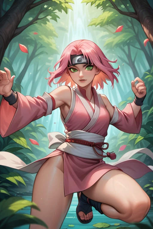 A vibrant and detailed anime illustration of Sakura Haruno from "Naruto". She has short, pink hair and is wearing her red and white ninja outfit,showing navel,big , complete with her forehead protector. Sakura is depicted in a dynamic pose, showing her strength and determination, perhaps in mid-action or preparing for battle. Her green eyes are filled with resolve, and her expression is fierce yet focused. The background features a scenic view of the Hidden Leaf Village or a lush forest, capturing the essence of the Naruto world. The art style should stay true to the anime, with bold lines and rich colors.