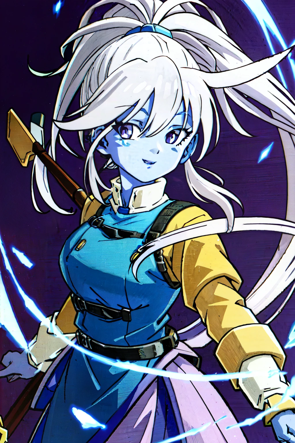 (extremely detailed CG unity 4k wallpaper),(masterpiece),(ultra quality),(ultra-detailed),(best illustration),(best shadow),(absurdres),(detailed background), 1girl, staff, long white hair, solo, hair in a loose braid, colored skin, high ponytail, white hair, purple eyes, long sleeves, holding staff, ponytail, holding, (blue skin:1.3), looking at viewer, purple lips, medium length hair
