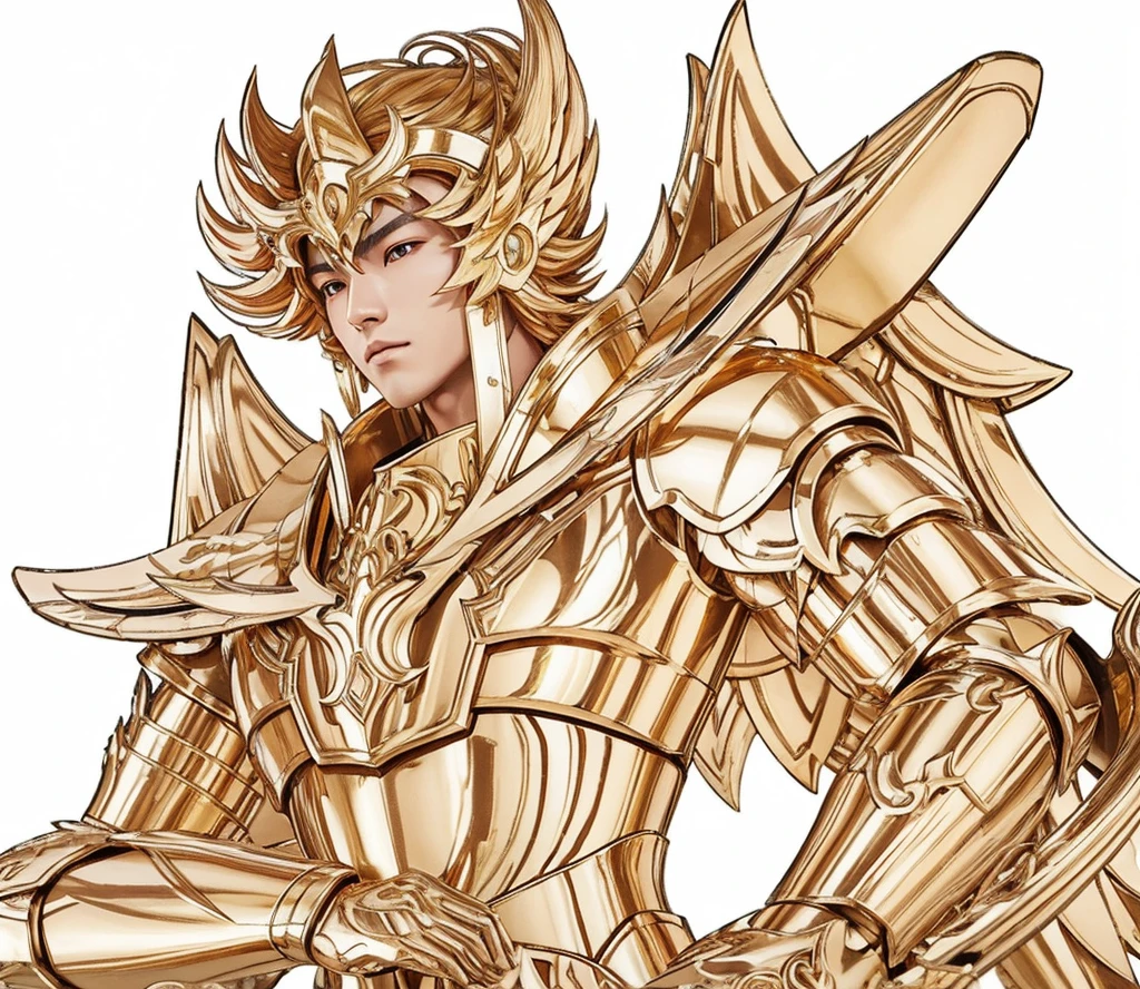 A young asian man in glossy gold armor with white outfit without sleeves underneath, Saint seiya, pegasus seiya, unreal engine saint seiya render